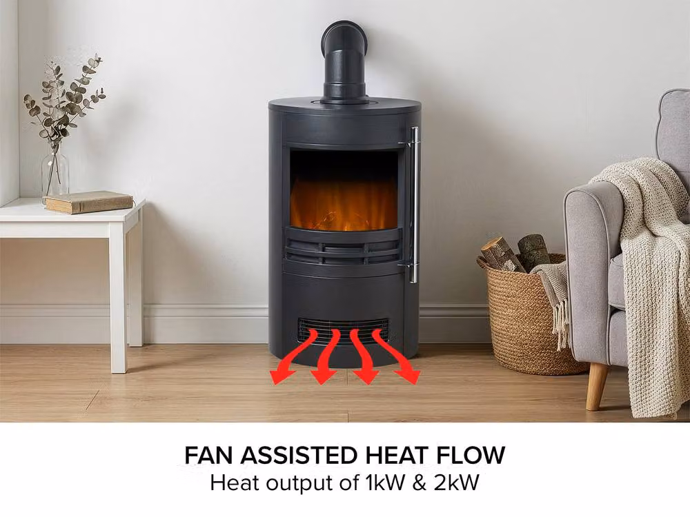 Adam Fires & Fireplaces Sureflame Dunston Round Metal Stove with Angled Stove Pipe in Black, W: 90.5 cm, D: 41.0 cm – 4
