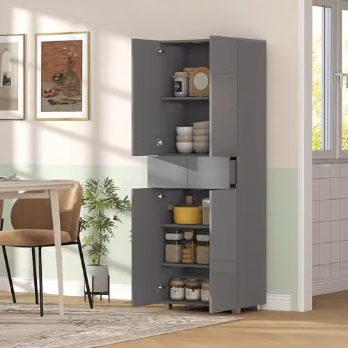 HOMCOM Modern High Gloss Grey Kitchen Cupboard Tall Freestanding Pantry Unit with Hinged Doors and Drawers, W/D/H: 60 x 35 x 170 cm – 3