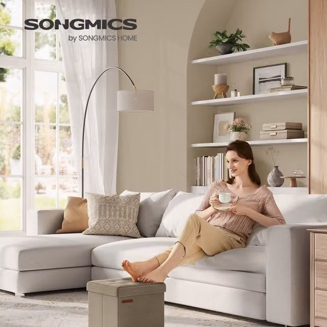 SONGMICS Foldable Fabric Storage Ottoman Footstool in Brown