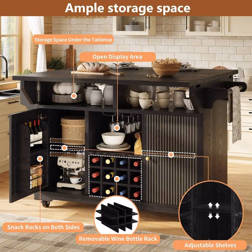 Rolipo Black Kitchen Trolley on Wheels with Wine Rack and Extendable Table – 5