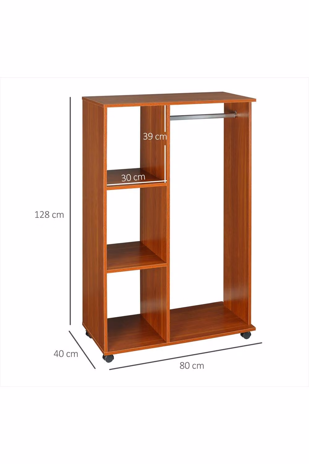 ERGOVEXA Open Wardrobe on Wheels with Clothes Rail and 3 Storage Shelves, Walnut Brown – 2