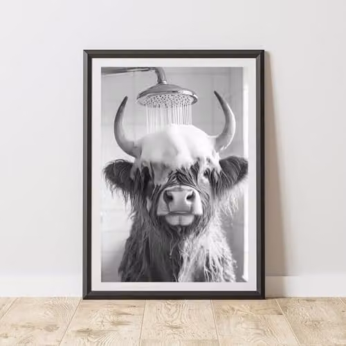 60 Second Makeover Funny Highland Cow In The Shower Paper Poster, Black and White, W: 42.0 cm, H: 42.0 cm