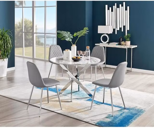 FurnitureboxUK Novara White Marble Effect Round Dining Table with 4 Corona Silver Chairs in Grey