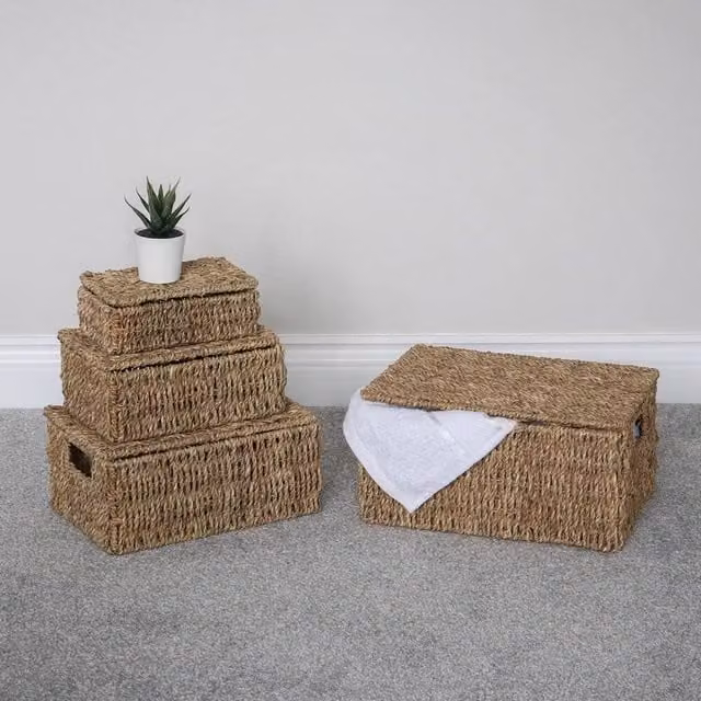 EONLION Set of 4 Brown Open Weave Rectangular Lidded Seagrass and Metal Storage Baskets, W: 50 cm, D: 50 cm, H: 50 cm – 1