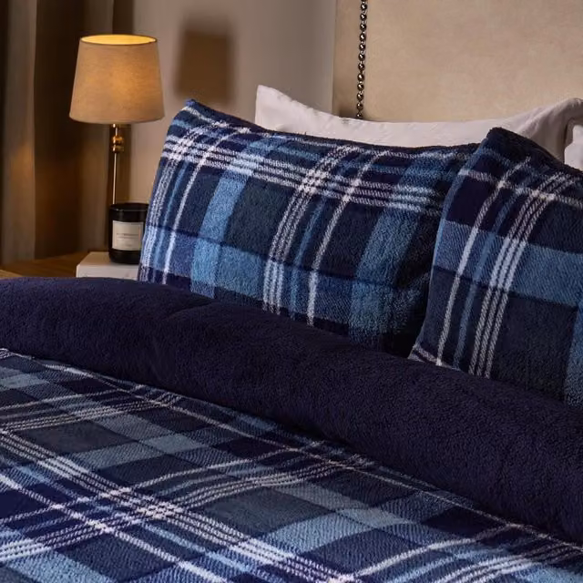 OHS Navy Blue Tartan Check Teddy Duvet Cover Set, W: 180 cm, H: 200 cm