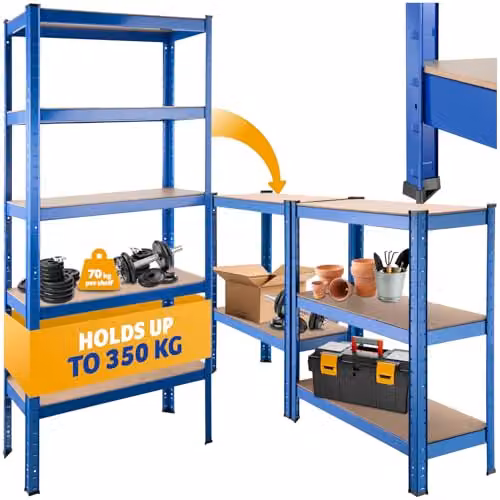 tectake Heavy-Duty 5-Tier Garage Shelving Unit with MDF Shelves, Blue, W: 172.0 cm, D: 75.5 cm, H: 30.5 cm