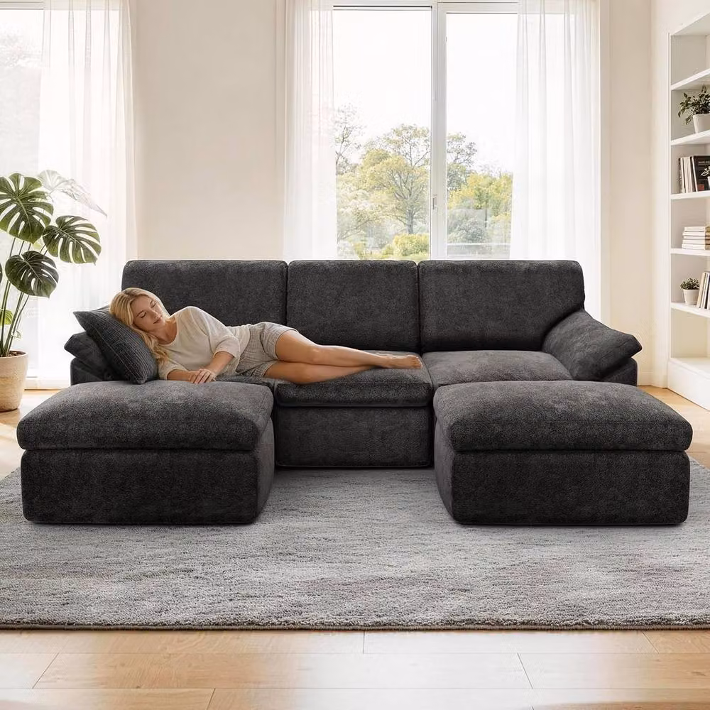Gartistgo 5-Seater Modular L-Shape Corner Sofa in Dark Grey Soft Velvet Fabric – 5