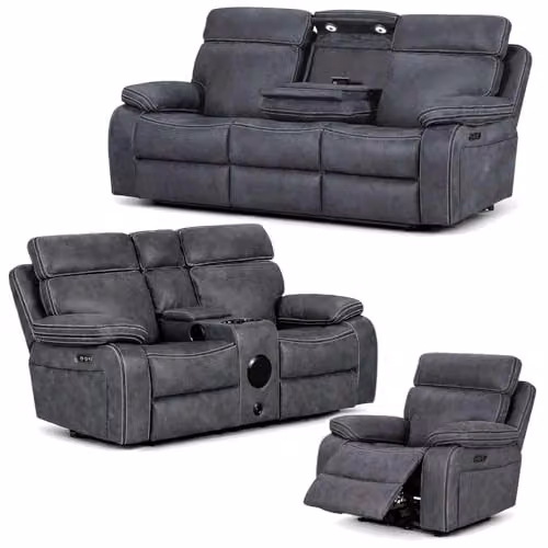 Furnishings For Less UK Tokyo 3 Piece Grey Leather Look Electric Recliner Sofa Suite with USB Charging and Cup Holders – 1