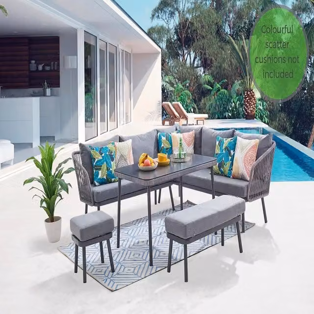 GRS Perth 5pc Modern Rattan and Glass Dining Set in Grey