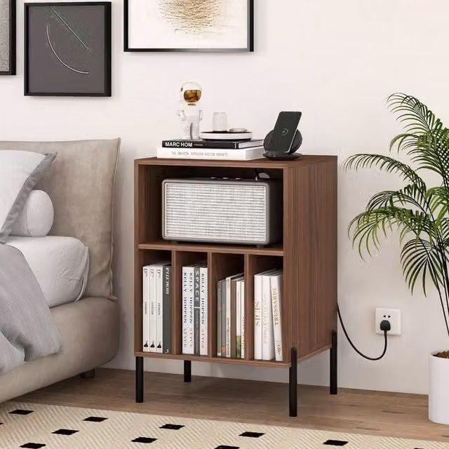 Costway Vinyl Record Player Stand with Integrated Charging Station in Walnut