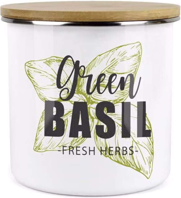 Purely Home Green Label Basil Herbs Storage Canister in White and Green Enamel Metal