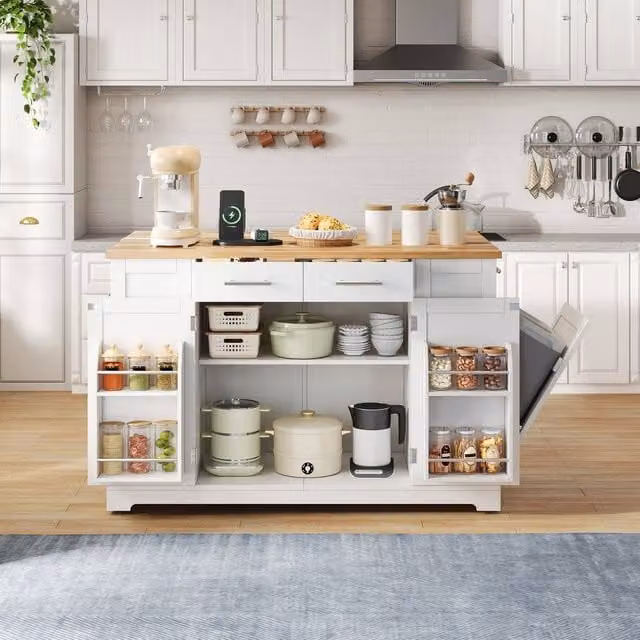 Merax Mobile Kitchen Island Trolley with Pull-Out Bin Cabinet and Drop-Leaf Top in White