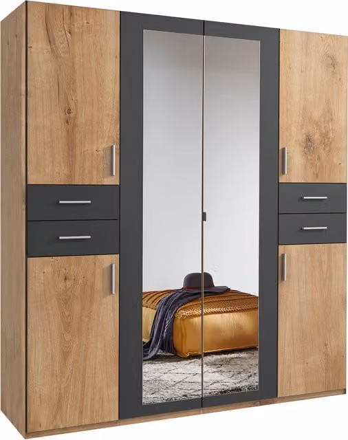 Tjs Vegas Modern Oak Wardrobe with Mirror and Internal Shelving, Brown/Yellow, Height: 180 cm