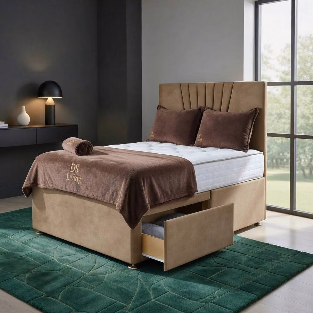 DS Living Elysian Modern Upholstered Fabric Drawer Storage Bed Frame in Beige, W/D/H: 180 x 200 cm – 3