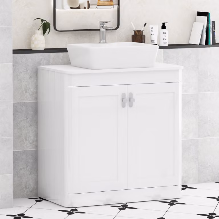 Royal Bathrooms Henley 800mm Gloss White Floor Standing 2 Door Bathroom Vanity Unit with Plain White Worktop and Chrome Knob
