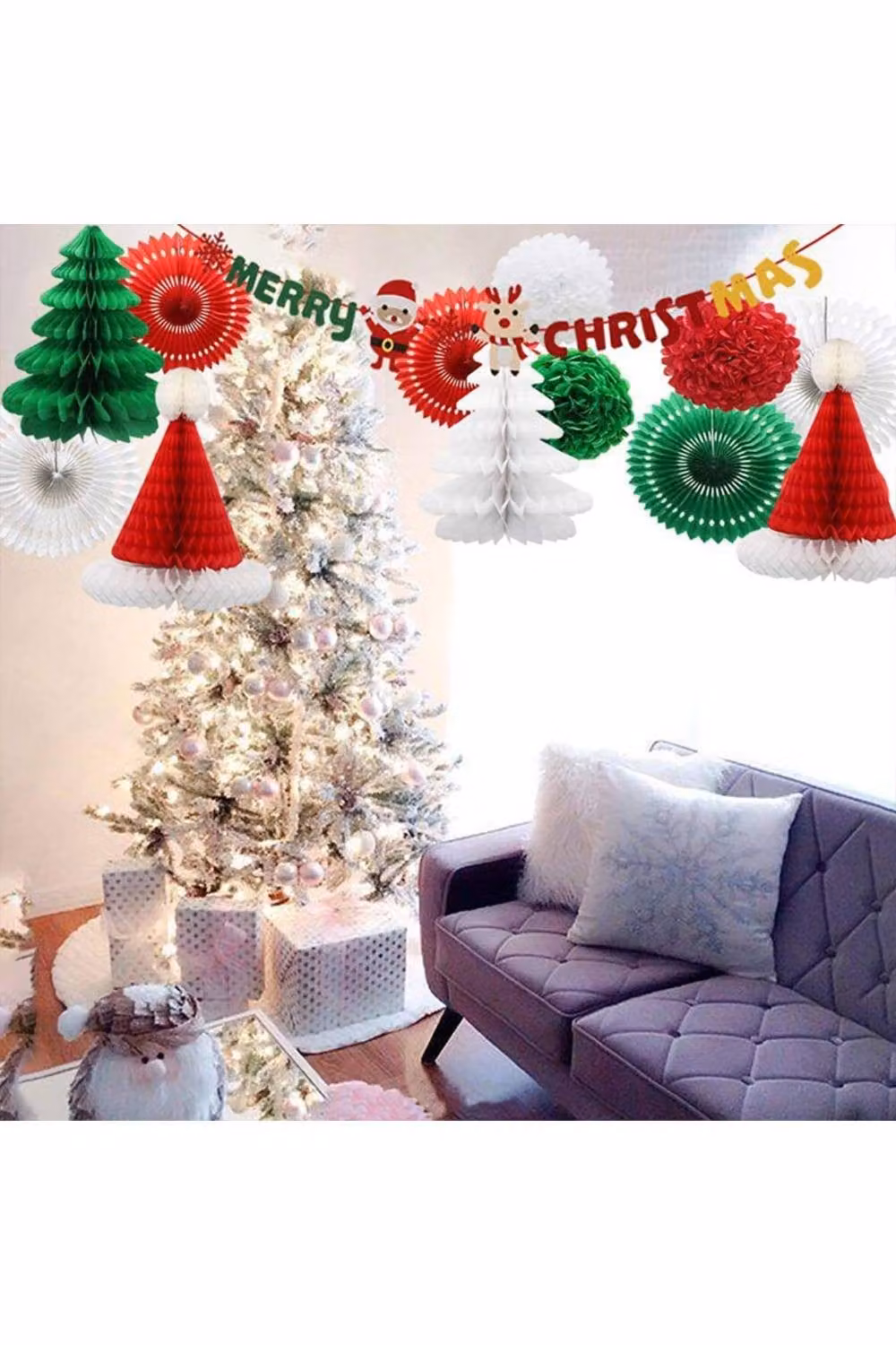 KDMD Reusable Indoor Christmas Honeycomb Ball Garland Banner in Multicolour Red, Green and White