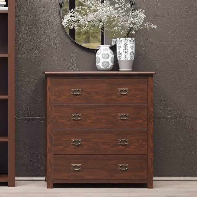 Core Boston 4 Drawer Chest in Dark Antique Pine Wood with Brown Lacquered Finish