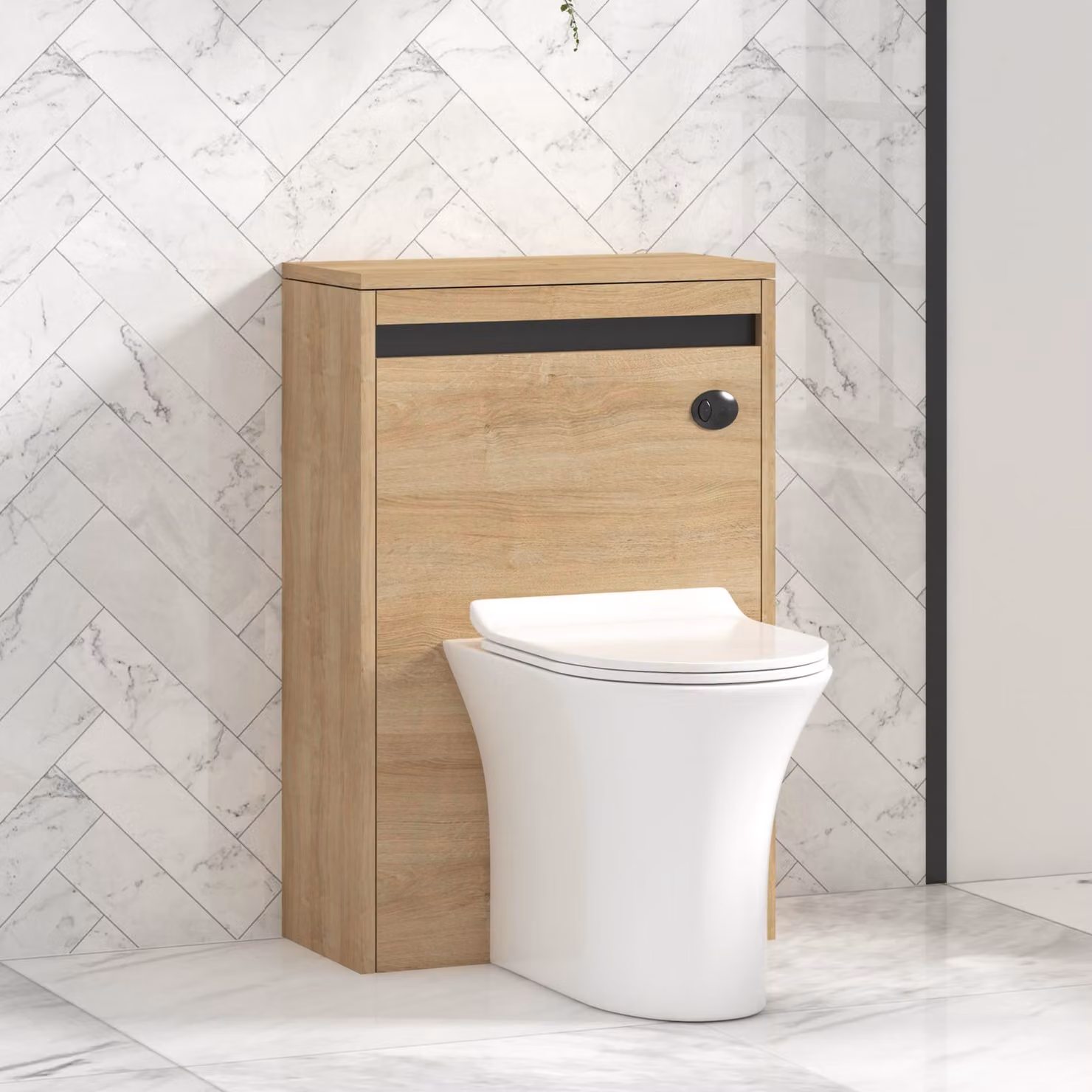 Royal Bathrooms Orion Natural Oak Wall Mounted WC Unit with Breeze Rimless Ceramic Toilet Pan, Slim Seat and Cistern, Black Accent Trim, Width: 54 cm