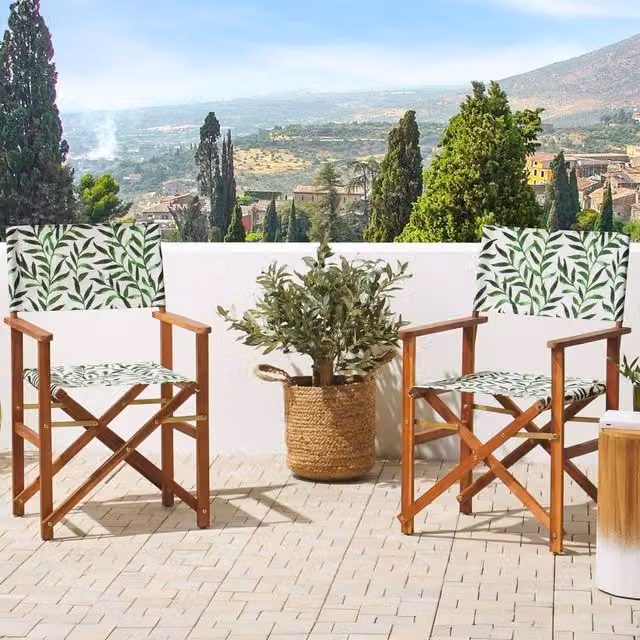 Wyld and Coco Garden Director Chairs 2 Pack, Reversible Leaf Design in Green, Acacia Wood – 1