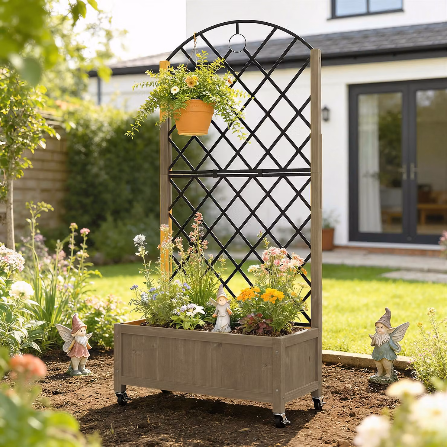 Outsunny Brown Carbonised Wood Raised Garden Bed with Metal Trellis and Lockable Wheels – 7