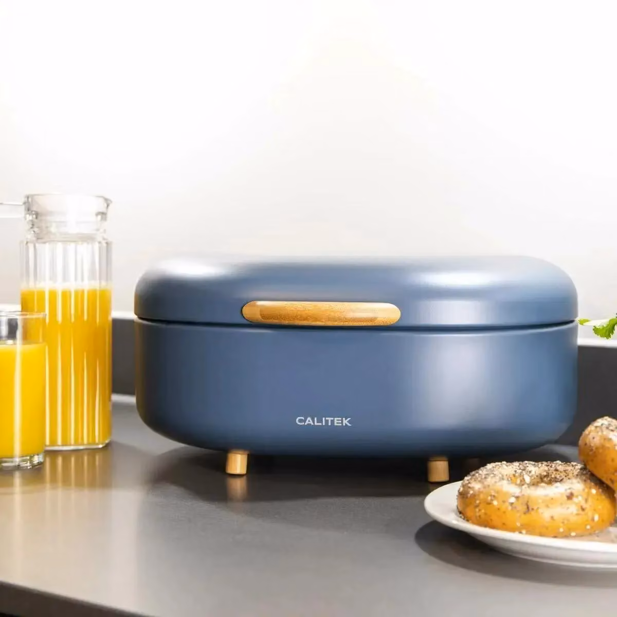 Calitek Blue Carbon Steel Ventilated Bread Bin with Bamboo Feet – 4