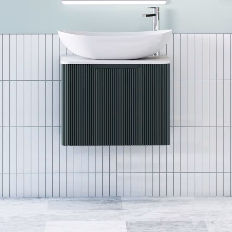 Royal Bathrooms Avenza Wall Hung Vanity Unit with Cesar Basin, Moss Green and Plain White Worktop, Depth: 60 cm