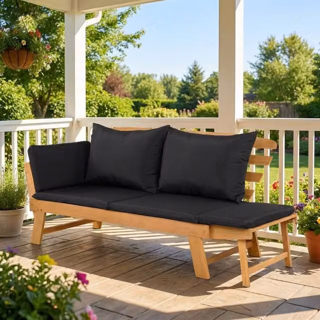 Costway Convertible Outdoor Daybed and Patio Sofa Bed with Adjustable Armrests in Black Acacia Wood – 1