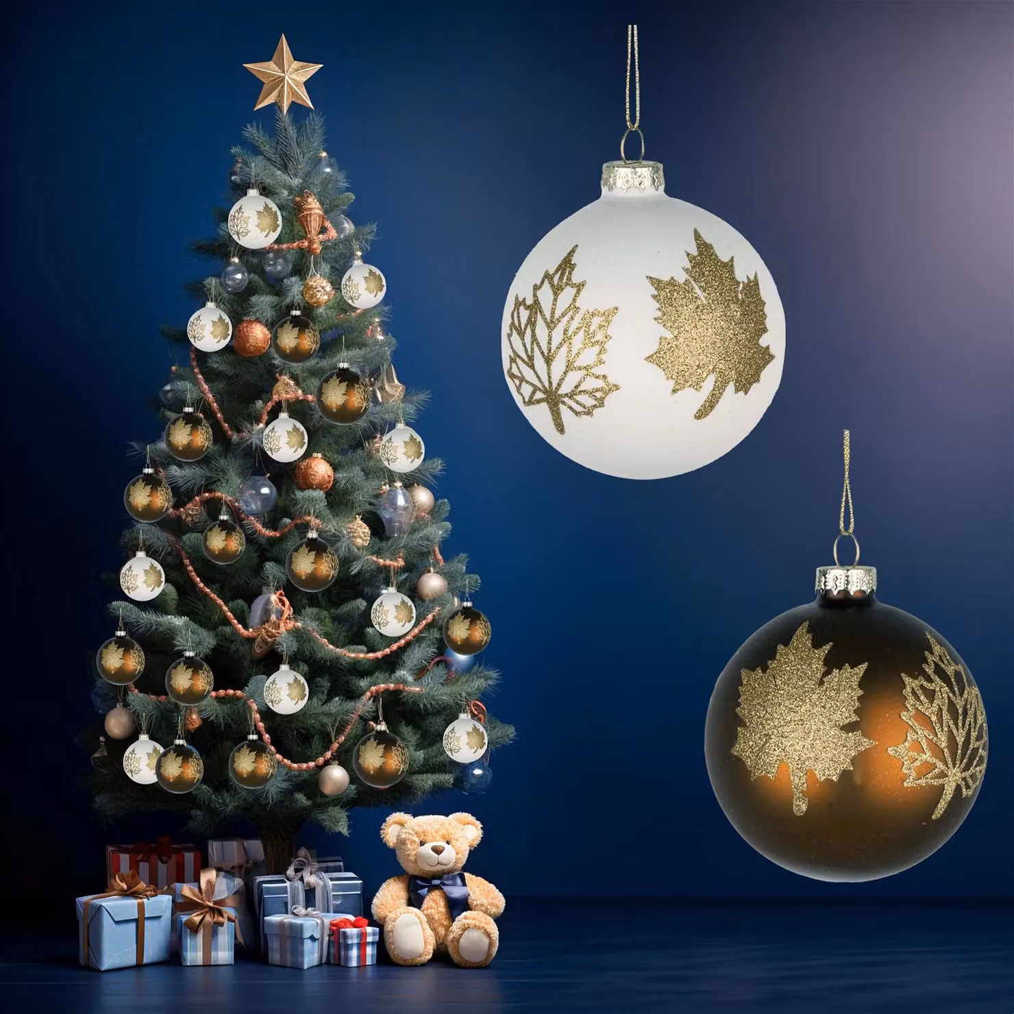 Shatchi 12-Piece Set of Classic Floral Glass Baubles in White, Gold and Brown for Christmas, Weddings or Parties, Diameter: 8 cm – 10