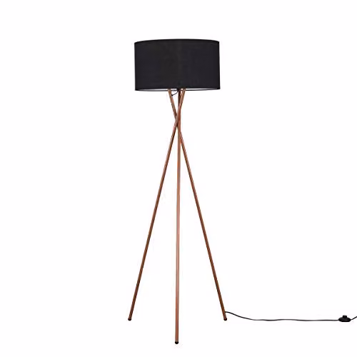 ValueLights Camden Modern Copper Metal Tripod Floor Lamp with Black Fabric Cylinder Shade