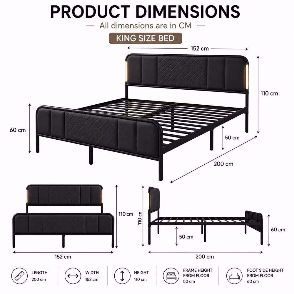 MN Furniture LED Bed Frame with Quilted Headboard, Black, W152 x H110 cm – 3