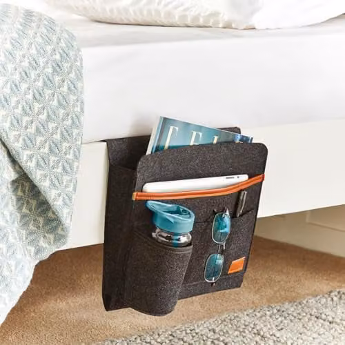 mysmartbuy Bed Pocket Organiser in Grey, Felt and Leather, H28 x W31 x D8.5 cm – 1