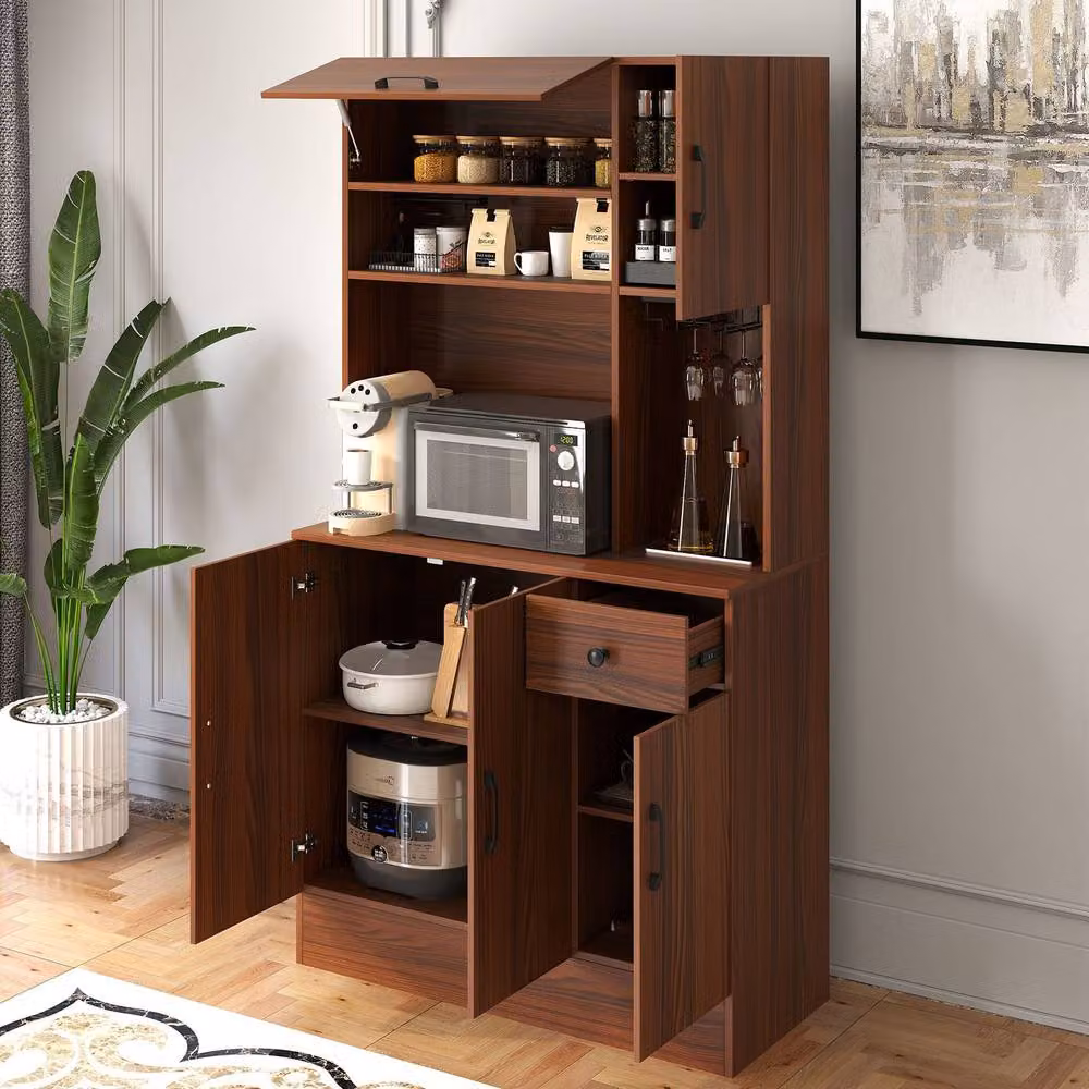 Gymax Tall Pantry Kitchen Storage Cabinet with Power Outlets in Walnut – 4