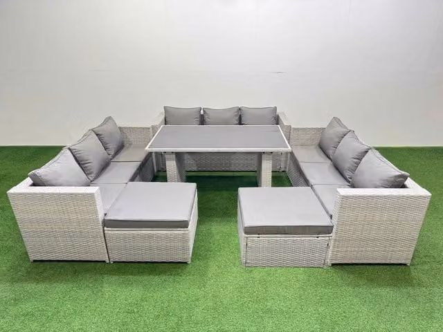 Fimous Modern Rattan Garden Furniture Set with 2 Large Stools in Light Grey