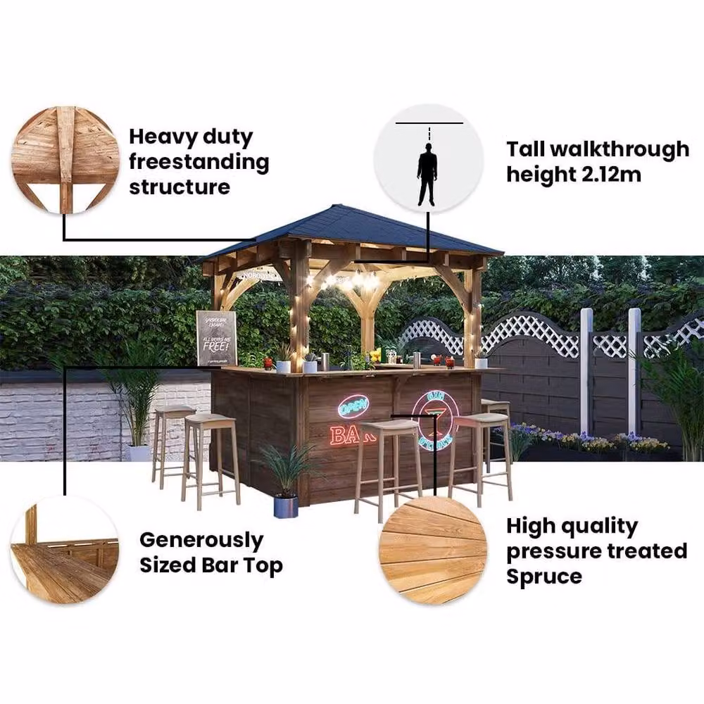 Dunster House Leviathan C Wooden Garden Bar Gazebo in Brown with Black Bitumen Shingles W/D/H: 250 x 250 x 230 cm – 6