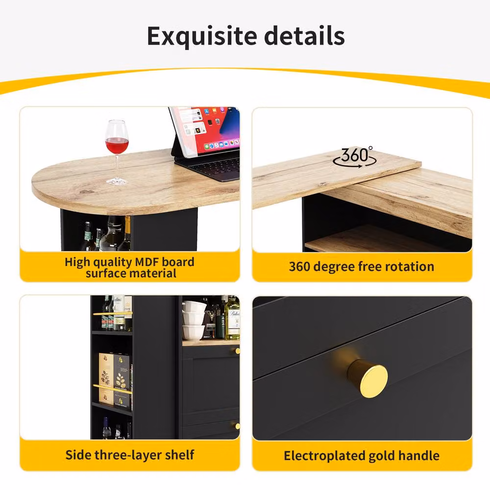 Rolipo 360 Swivel L-Shaped Bar Table with 4 Drawers and Open Shelves in Black and Gold – 7