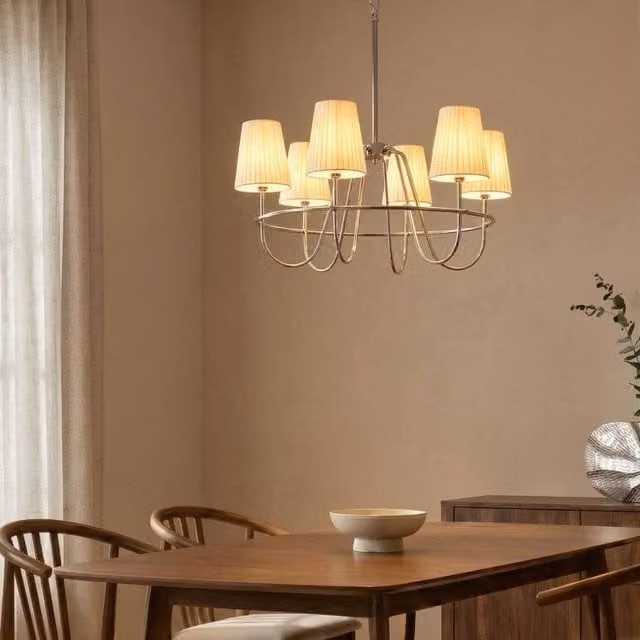 Wyld and Coco Six-Light Suspended Pendant Chandelier in Chrome and Silver with Fabric Shades