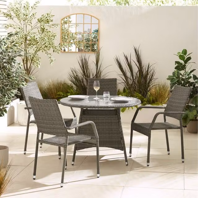 FurnitureboxUK Antigua 4 Seat Round Garden Dining Set in Grey and Beige Polyrattan with Glass Top