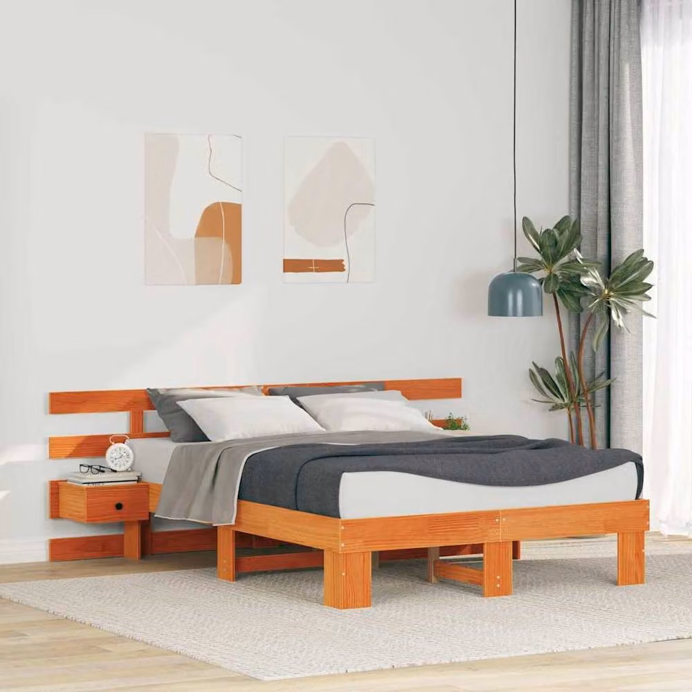 Berkfield Home Modern Brown Solid Pine Wood Bed Frame and Nightstand W/D/H: 120 x 200 cm – 2