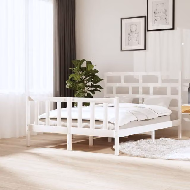 Berkfield Home White Solid Wood Pine Bed Frame W: 140 cm, D: 200 cm