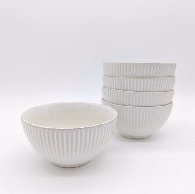 Glim & Glam Set of 6 Beige and White Reactive Glaze Stoneware Cereal Bowls, Diameter: 15 cm