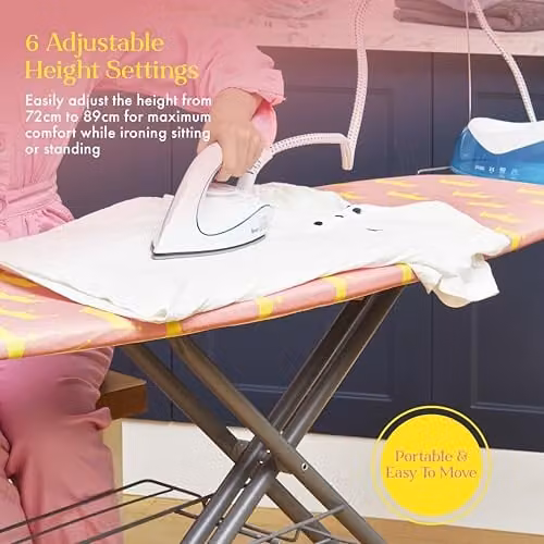 Swan x Lynsey TV Queen of Clean Large Ironing Board with Adjustable Height and Heat Reflective Smooth Glide Cover, Pink and Grey, W: 137 cm, D: 46 cm – 4