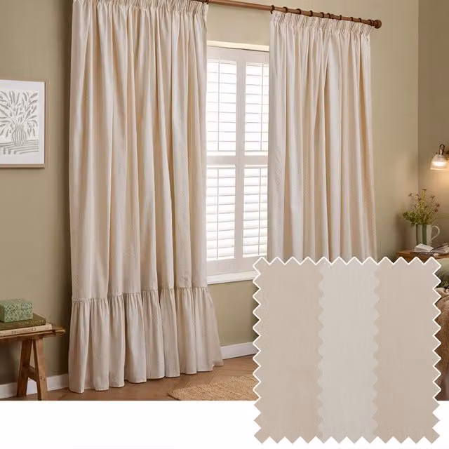 Make It A Home Birdie Stripe Fully Lined Ruffle Pencil Pleat Curtain Pair in Beige and Orange, W: 137 cm, H: 229 cm