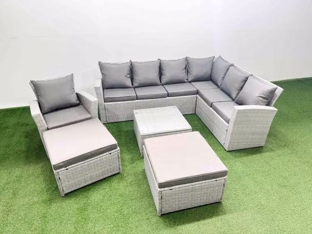 Fimous 9 Seater Rattan Garden Furniture Set in Light Grey with L-Shape Sofa, Coffee Table and Ottoman