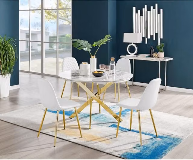 FurnitureboxUK Novara White Marble Effect Round Dining Table with 4 Corona Gold Leg Chairs