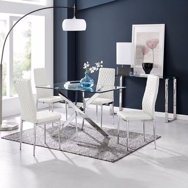 FurnitureboxUK Leonardo Modern Rectangular Glass and Metal Dining Table and 4 Chairs Set in White and Transparent – 1