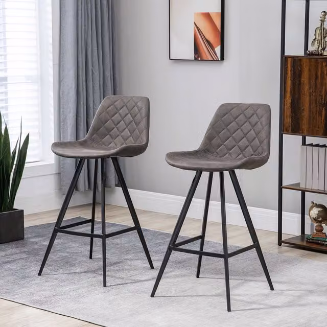 HOMCOM Set of 2 Vintage Bar Stools in Dark Grey with Microfibre and Metal Legs