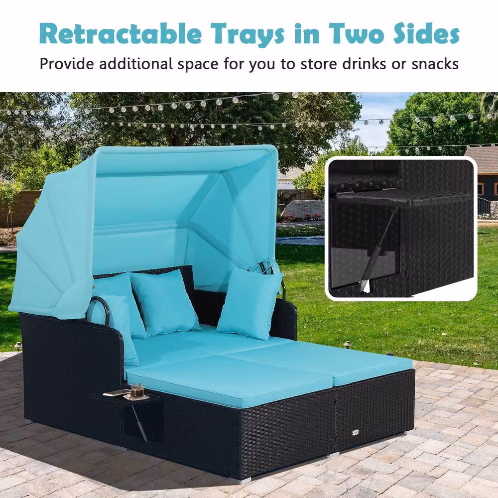 Gymax 2 Seater Blue Rattan Garden Daybed with Sun Canopy and Side Tray – 9