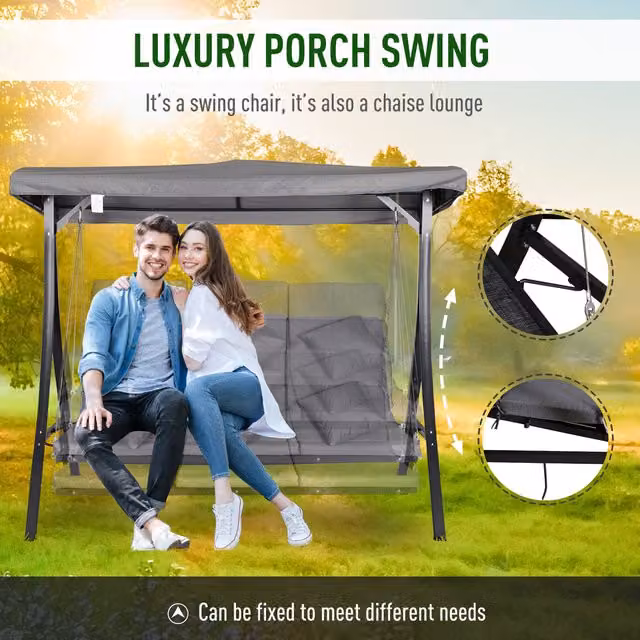 Outsunny 3 Person Outdoor Porch Swing Chair with Sun Canopy and Cushions in Black and Grey
