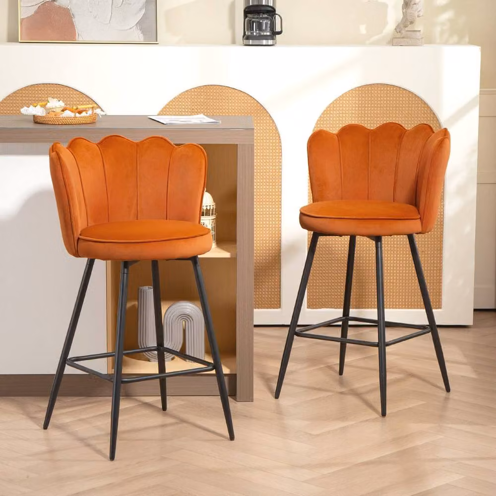 Wyld Haus Nivi Set of 2 Orange Velvet Lotus Design Bar Stools – 3