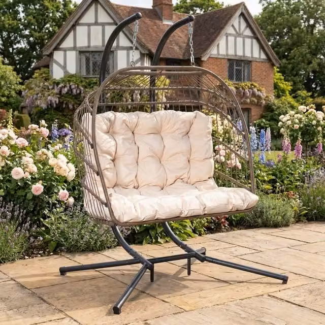 Rosewood & Stone Home Ightham Double Egg Chair in Cream and Brown, 2 Seater Garden Furniture